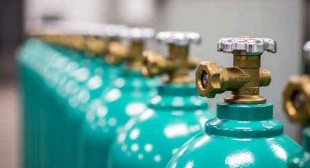 A row of teal gas cylinders is shown with brass valves and silver knobs. The cylinders are lined up in a row with a blurred background.の素材