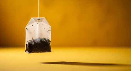A tea bag hangs from a string against a yellow background. The tea bag is white and contains dark tea leaves. A shadow is cast on the yellow surface below.の素材