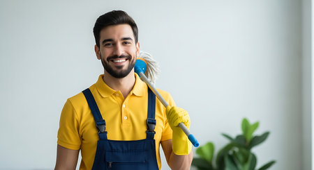 A smiling man in blue overalls and a yellow polo shirt holds a mop over his shoulder. He wears yellow gloves and stands indoors against a white wall with a plant visible in the background.の素材