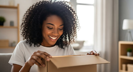 A smiling African American woman with curly hair opens a cardboard box indoors. She is wearing a white t-shirt. The scene is set in a bright living room with a shelf, plant, and window providing natural light.の素材
