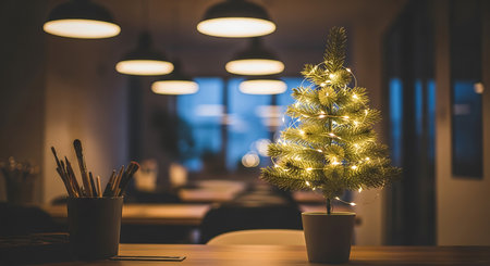 A small Christmas tree with lights sits on a wooden table next to a cup of paintbrushes. The background is blurred, showing an office or studio interior with overhead lights.の素材