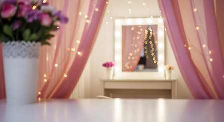 Pink curtains showing pink sheer curtains and vanity mirror with lights in soft focus. High resolution image suitable for commercial use. Clear details and vibrant colors enhance visual appeal.の素材