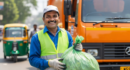 A smiling sanitation worker wearing a blue shirt, safety vest, and cap holds a green trash bag. An orange truck is behind him. The scene takes place outdoors on a city street with an auto rickshaw visible.の素材
