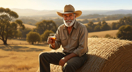 Farmer showing smiling farmer with beer sitting on hay bale in rural landscape. High resolution image suitable for commercial use. Clear details and vibrant colors enhance visual appeal.の素材