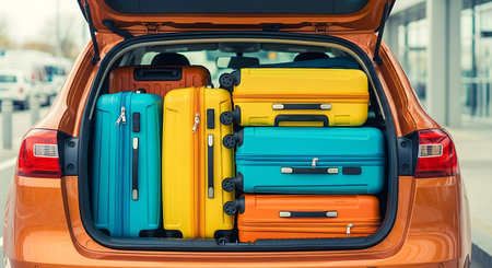 An orange car has its trunk open and filled with colorful luggage. Suitcases in shades of yellow, blue, and orange are stacked inside, ready for travel.の素材