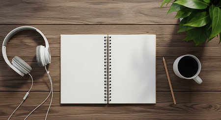 Open notebook with headphones coffee and plant on a wooden surface. Top view of a blank spiral notebook with white headphones a cup of black coffee a pencil and a green plant on a wooden desk or table.の素材