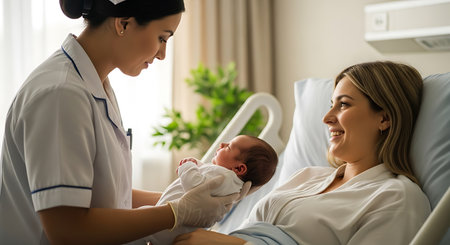 A nurse in a white uniform and gloves holds a newborn baby next to a smiling mother in a hospital bed. The mother is lying down, looking at the baby. A plant is visible in the background.の素材