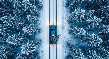 Aerial view of a car driving on a snowy road through a forest. The car has a Christmas tree strapped to its roof. The trees are covered in snow.の素材