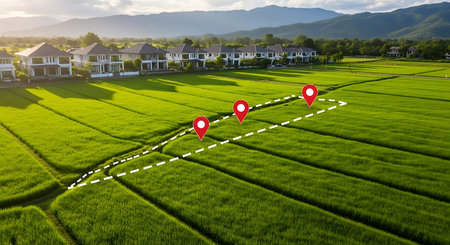 Aerial view of a green rice field with red location pins and a white dotted line indicating a path or route. Houses are visible in the background, with mountains in the distance.の素材
