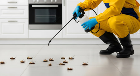 An exterminator in a yellow suit and blue gloves sprays pesticide on cockroaches scattered on a tiled kitchen floor. The exterminator is crouching, holding a white sprayer with a black nozzle.の素材