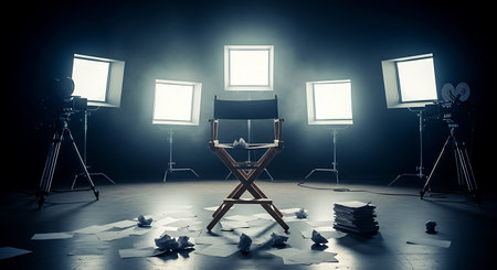 A director's chair sits center stage surrounded by bright lights and vintage film cameras. Scattered papers and crumpled balls of paper litter the floor.の素材