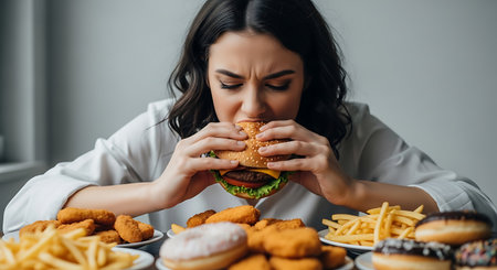 Woman showing brunette woman eating burger surrounded by fast food plates. High resolution image suitable for commercial use. Clear details and vibrant colors enhance visual appeal.の素材