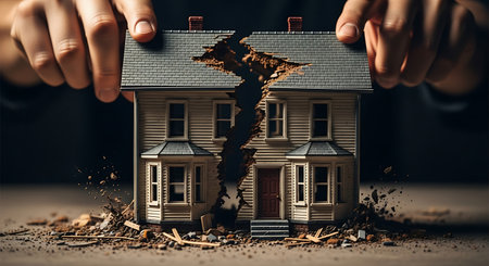 Hands hold a miniature two-story house that is cracked vertically down the middle. The house has a gray roof and a brown front door. Debris is scattered around the base of the house.の素材