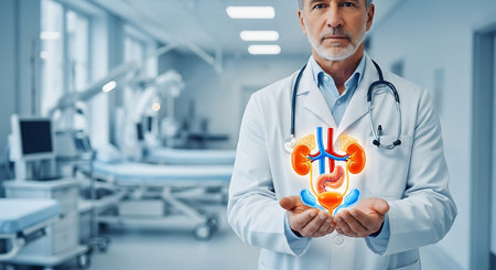 A doctor in a white coat and stethoscope holds a diagram of the human urinary system, including the kidneys, ureters, bladder, and urethra, against a blurred hospital background.の素材