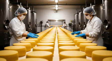 Cheese showing cheese production line with workers in protective gear. High resolution image suitable for commercial use. Clear details and vibrant colors enhance visual appeal.の素材