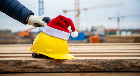 A yellow hard hat sits on a stack of wooden planks at a construction site. The hard hat is topped with a red and white Santa hat. A gloved hand is visible near the hat. Cranes and construction equipment are blurred in the background.の素材