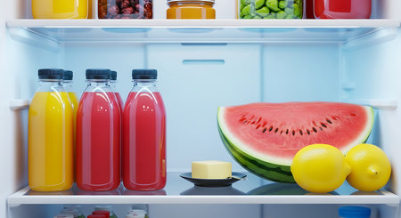 A view inside a refrigerator showing bottles of yellow and red juice, a watermelon slice, two lemons, and a pat of butter on a small plate. Jars are visible on the top shelf.の素材