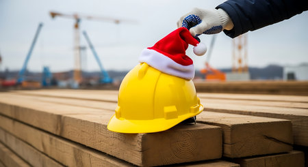 A yellow hard hat with a red and white Santa hat sits on a stack of lumber. A gloved hand reaches for the Santa hat. Construction cranes are visible in the background.の素材