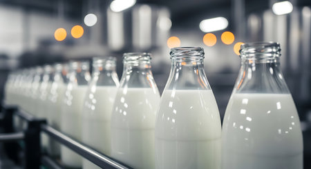 Row of clear glass milk bottles filled with white milk on a conveyor belt in a factory setting. The background is blurred with orange bokeh lights.の素材