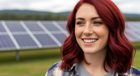 A smiling woman with red hair stands in front of a field of solar panels. She is wearing a plaid shirt over a gray shirt. The background is blurred, showing the solar panels, a green field, mountains, and a cloudy sky.の素材
