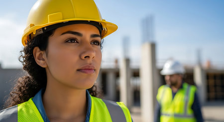 A woman wearing a yellow hard hat and a high-visibility safety vest stands at a construction site. Concrete pillars with rebar are visible in the background under a blue sky. Another worker is blurred in the background.の素材