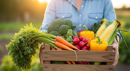 A person wearing a denim shirt holds a wooden crate filled with fresh vegetables including carrots, broccoli, corn, yellow peppers, and radishes. The scene is outdoors with sunlight.の素材