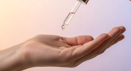 Liquid drips from a pipette onto the palm of a hand. The clear liquid is likely serum or oil. The background is light pink.の素材