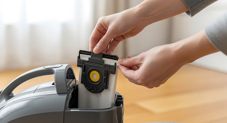 Hands are shown inserting a white dust bag with a black frame into a gray vacuum cleaner appliance. The appliance sits on a wooden floor in a room with a window.の素材