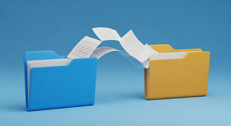 Two folders, one blue and one yellow, are positioned on a blue background. White paper documents are transferred from the blue folder to the yellow folder.の素材