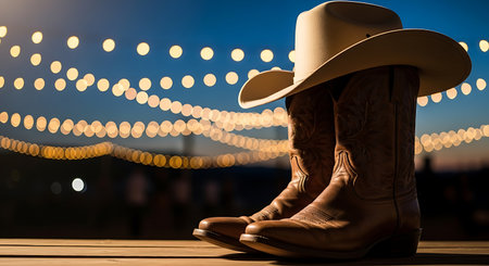 Cowboy boots and a tan cowboy hat are placed on a wooden surface. Blurred string lights hang in the background against a dusk sky.の素材
