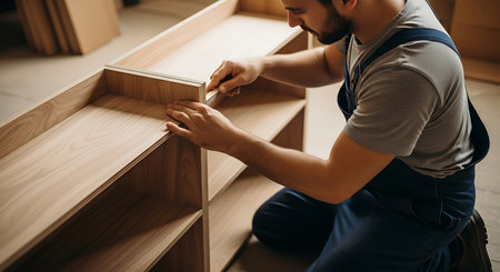 A carpenter in a blue uniform assembles light brown wooden shelves in a workshop. Natural light illuminates the scene as he carefully aligns the pieces.の素材