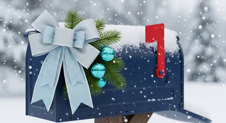 A blue mailbox is decorated for Christmas with a light blue bow, pine needles, and blue ornaments. Snow covers the top of the mailbox and the surrounding ground. The red flag is raised. Snowflakes are falling.の素材