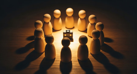 Wooden figures are arranged in a circle around a small briefcase on a wood surface. Dramatic lighting creates a spotlight effect.の素材