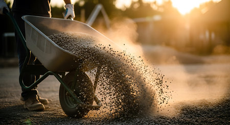 A worker in gloves and boots filled with gravel from a wheelbarrow in golden sunlight outdoors. The gravel is pouring out onto the ground.の素材