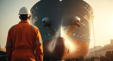 A shipyard worker in orange overalls and a white hard hat stands looking at a large blue ship in dry dock. The worker is seen from the back. The ship's hull is visible.の素材
