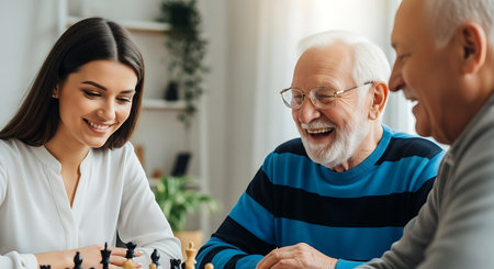 A young woman and two senior men are playing chess indoors. The woman is smiling and looking at the chessboard. One senior man is laughing, while the other is also smiling. They are sitting around a table with a chessboard.の素材