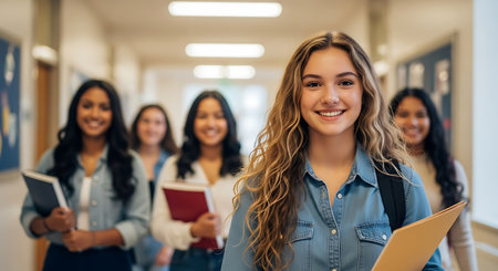 Smiling female students walk in a school hallway carrying books and folders. The group is diverse and appears to be in a cheerful mood. The setting is an indoor school environment with bright lighting.の素材