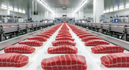 Rows of raw red meat loaves wrapped in white string move along a white conveyor belt in a food processing plant. The industrial setting features machinery and equipment for mass production.の素材
