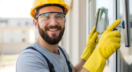 A smiling bearded man wearing a yellow hardhat and safety glasses cleans a window with a squeegee. He wears yellow gloves and a gray shirt with overalls.の素材