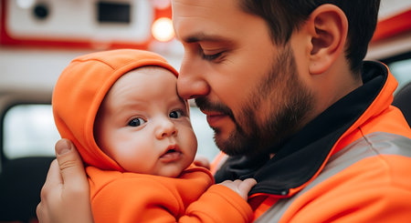 A close-up shot shows a paramedic with a beard holding a baby wearing an orange hoodie inside an ambulance. The baby is looking at the camera. The paramedic is wearing an orange uniform.の素材