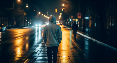 A person wearing a light gray hoodie walks away from the viewer on a wet city street at night. Streetlights and car headlights reflect on the wet pavement. Another person walks in the distance.の素材