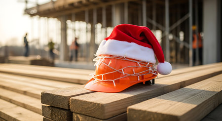 An orange hard hat with a red and white Santa hat and string lights sits on a stack of wooden planks at a construction site.の素材