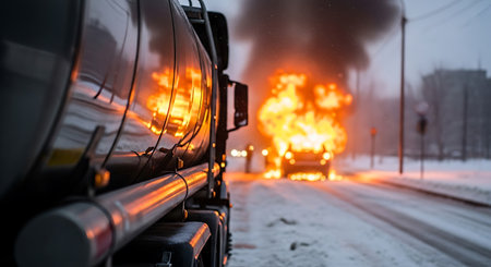 A fuel tanker truck is parked on a snowy road with a vehicle engulfed in flames in the background. Black smoke billows into the air. The scene suggests an accident or emergency situation in winter.の素材