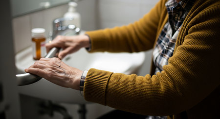 An elderly person grips a silver grab bar in a bathroom. A white sink and chrome faucet are visible, along with a bottle of medicine. The person wears a mustard yellow cardigan over a plaid shirt.の素材