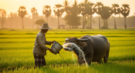 A farmer in a straw hat pours water from a bucket onto a water buffalo standing in a green rice paddy field. Palm trees are visible in the background under a soft morning light.の素材