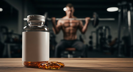 A clear bottle with a white label and amber pills sits on a wooden table. In the blurred background, a muscular man is lifting a barbell in a gym setting.の素材