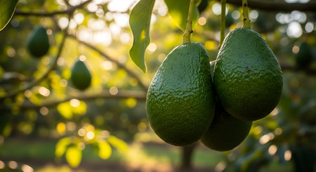 Close up of ripe green avocados hanging on a tree branch in an orchard. Sunlight filters through the leaves creating a bokeh effect in the background.の素材