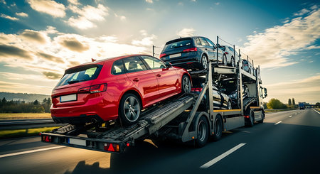 Car carrier truck transporting multiple red and dark gray automobiles on a highway under a cloudy sky. The truck is in motion, with blurred motion visible.の素材