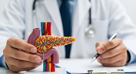 A doctor in a white lab coat and stethoscope holds a colorful pancreas model in his left hand. His right hand holds a pen over a clipboard. The model is yellow with red and blue details.の素材