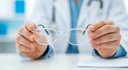 A doctor in a white coat and blue shirt holds clear framed eyeglasses in outstretched hands towards the viewer. A stethoscope is visible around the doctor's neck.の素材